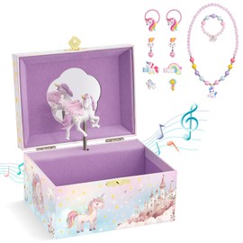 Lolalet Musical Jewelry Box for Girls, Kids Pink Unicorn Jewelry Boxes and Jewelry Set for Littler Girls 4-6 -Box with Jewelry