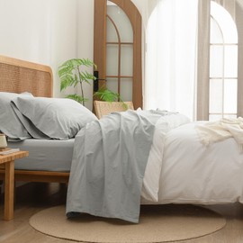 BESTOUCH Sheet Set 100% Washed Cotton Linen Feel Super Soft Comfortable Chic Lightweight 3 Pcs Home Bedding Set Solid Northern Droplet Grey Twin