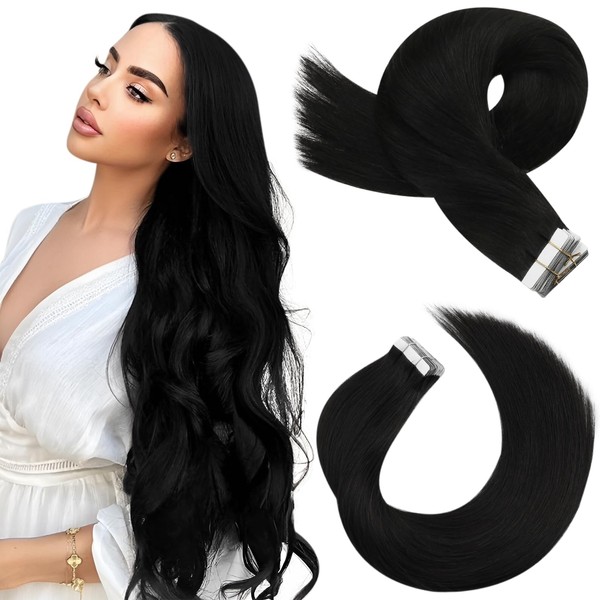 Moresoo Tape Extensions Real Hair 65 cm Invisible Extensions Tape in Real Hair Natural Black Straight Tape Extensions Real Natural Hair Extensions Black Colour #1B 20 Pieces / 50 g
