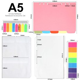 FANDAMEI A5 6-Hole Refillable Notebook Accessories Set - 2 Pack Lined Paper + 5 Pcs A5 Dividers + 460 Pcs Note Flags Index Tabs + Zipper Pockets/ 3 Binder Pocket for A5 Refills Inserts Paper