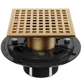 4 Inch Champagne Bronze Shower Drain- Square Shower Floor Drain Kit with Flange-Removable Grid Strainer Cover - SUS304 Stainless Steel Floor Drain Kit