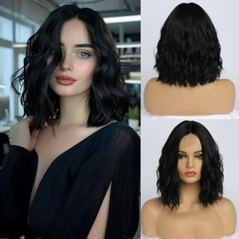 Pelucas Onduladas para Mujer, Frente de Encaje lace front, 14 Pulgadas, Longitud Corta de los Hombros, Parte Media, Peluca Ondulada y Rizada, Peluca de Fibra Sintética Resistente al Calor de Aspecto Natural para Uso Diario en Fiestas (Castaño)