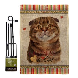 Cat Scot Fold Happiness Burlap Garden Flag Set with Stand Animals Kitten Meow Spoiled Paw Fur Pet Nature Farm Animal Creature Small Gift Yard House Banner Double-Sided Made In USA 13 X 18.5