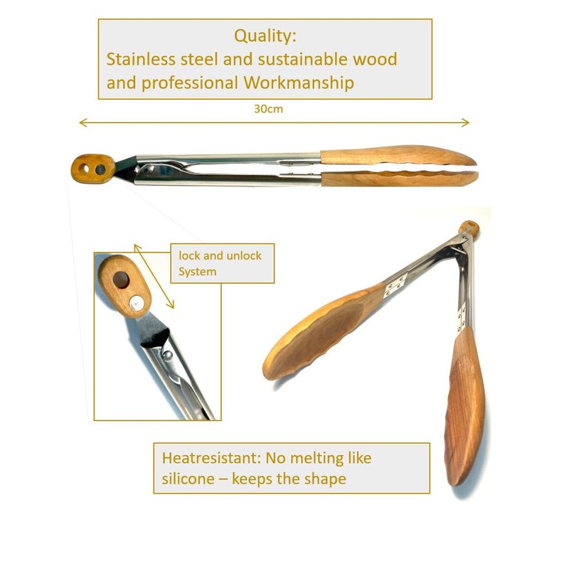 Wooden Kitchen Tongs, 30 cm, Sustainable, for Cooking, Grilling and