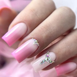 Medium Square Press on Nails French Tip Fake Nails Pink White Gradient Acrylic Nails Press on Full Cover Glue on Nails Artificial False Nails with Rhinestones Designs Stick on Nails for Women 24PCS