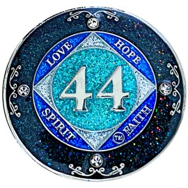 (Years 1-50) NA 44 Year Crystals and Glitter Medallion, Silver Color Plated Coin, Black Rainbow, Blue Glitter and Four Clear Crystals, Epoxy Covered (NA 44 Year Glitter & Crystals Medallion)