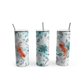 TeesAndTankYou Koi Fish Floral Skinny Tumbler 20oz Travel Coffee with Lid and Straw Stainless Steel Insulated Hot or Cold