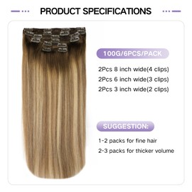Sindra Clip in Hair Extensions Human Hair 16 Inch 100g 6Pcs Balayage Walnut Brown to Ash Brown and Bleach Blonde Real Clip in Hair Extensions for Fashion Women #3/8/22,16"