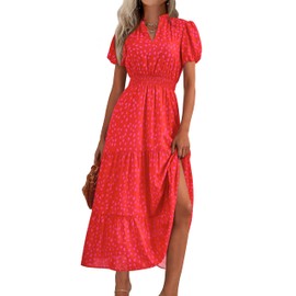 MASCOMODA Summer Maxi Dresses for Women 2025 Casual V Neck Puff Short Sleeve Smocked Flowy Beach Boho Long Floral Dress(Red Flower,Medium)