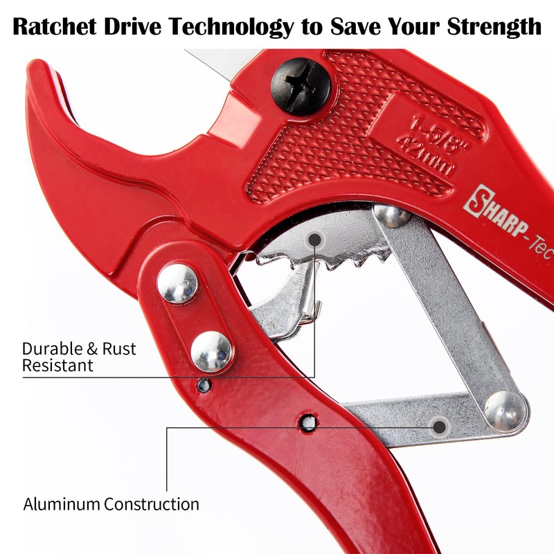 Sharp-tec Plastic Pipe Cutter 3-42mm, Heavy Duty Ratchet PVC Pipe