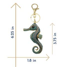 Evenchae Seahorse Keychain - Inlaid with Blue Rhinestones, Drawstring Bag, 6.25 In Long