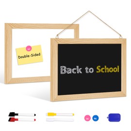 4 THOUGHT 2 Pcs 8" x 12" Double-Sided Hanging Chalkboard Whiteboard 2-in-1, Magnetic Chalk Board for Wall Wood Frame Dry Erase Board with 4 Markers 2 Magnets 1 Eraser Home Kitchen Cafe