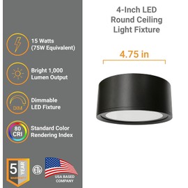 Diodesy- Flush Mount Ceiling Light Fixture 5-Inch 15W 1000LM 30K/40K/50K Selectable Dimmable Modern Round Black Steel Drum Frosted Glass Close to Ceiling for Bedroom Kitchen Living Room ETL Listed