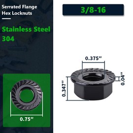 RoyceMart 3/8-16 (12 Pack) Serrated Flange Hex Nuts, 304 Stainless Steel 18/8 Flange Nuts, UNC Coarse Thread Black Coated