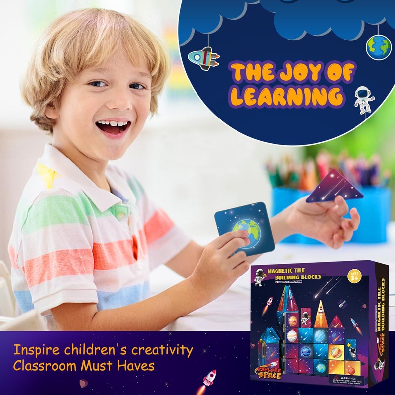 Space Rocket Magnetic Tiles Set, 58Pcs Magnatiles for Kids, Magnet