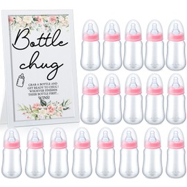 Roowest Bottle Chug Baby Shower Game Favors Including Flower Theme Bottle Chug Game Wooden Sign and 18 Pcs Pink Baby Bottles for Baby Shower Game Gender Reveal Party Supplies