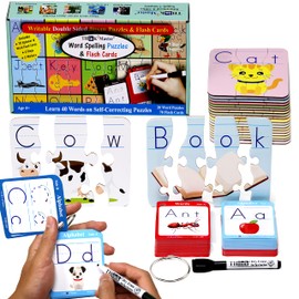 Think2Master Spelling Word Puzzles & Flashcards. 20 Double Sided Self Correcting Jigsaw & 78 (Writable, Erasable) Flash cards for Pre School, Kindergarten, 1st Grade & Home. BONUS 2 Markers & 2 Rings.