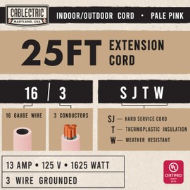 Cablectric Outdoor Extension Cord 25 ft - 16 Gauge 13 Amp Heavy Duty Power Extension Cords - SJTW - Great for Small Appliances, Outdoor Lights, Garden Supplies - Pink
