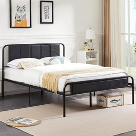 VECELO Queen Size Platform Bed Frame with Wood Headboard/Mattress Foundation/Premium Steel Slats Support/No Box Spring Needed,Black(Industrial)