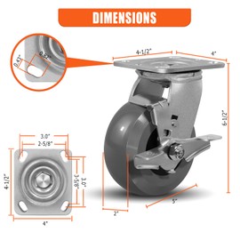 CWfutureparts 5"X2" Extra Heavy Duty Casters,Crowned Solid Polyurethane Industrial Casters,Precision Ball Bearings,7200 LBS Load Capacity,Non-Marking Casters-2 Brake and 2 Rigid (4-Pack)