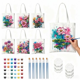 NUOLUTH Canvas Tote Bags Painting Kit for Adults, DIY Bags Making kit with 6 Pcs 15.8''x 13.8''Canvas Tote Bags, 6 Pack Paintbrushes Paints and Palettes for DIY Party Team Building Activity Women