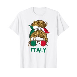 Italy flag messy bun girl with sunglasses Italian pride T-Shirt
