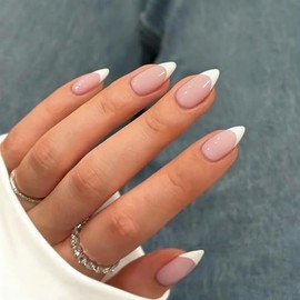 SXVME Uñas postizas francesas cortas almendradas blancas con pegamento para mujer. Uñas postizas francesas naturales en 15 tamaños. Kit de 30 uñas pos