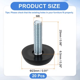 sourcing map 20Pcs M6 Thread Furniture Feet Levelers, 23x25mm Adjustable Leveling Table Feet, Screw on Furniture Glide Leveling for Chair Stool Legs, Black