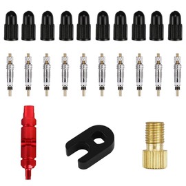 DUSCOKE 23PCS Presta Valve Core Repair Kit, Plastic & Alloy Bike Valve Core Removal Tool with Brass Presta Valve Adapter and 10 Valve Cores and 10 Stem Caps, Fit for Tubeless Road MTB Tires (Red)