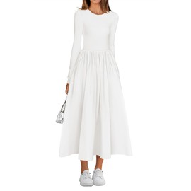 BTFBM Casual Long Sleeve Dresses Fall Dresses Solid Wedding Guest Dress Midi Dress Flowy Bohemian Long Dress(Solid Beige White,Small)