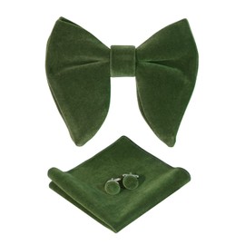 HOULIFE Bow Tie Set for Men – Adjustable Velvet Pre-tied Bowtie, Solid Colour Pocket Square, Cufflinks Set for Groom Wedding Party Formal with Gift Box (Olive green)