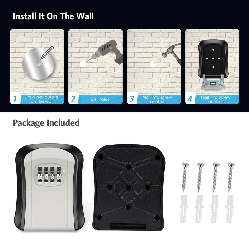 Key Lock Box Wall Mounted, 4-Digit Combination Lockbox for Outside,