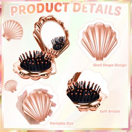 Meanplan 12 Pcs Rose Gold Foldable Travel Hair Brushes with Mirror Shell Shape Pocket Mirror Brush Mini Hair Comb Compact for Women Hairstyles Bridal Shower Souvenir Gift Party Supplies