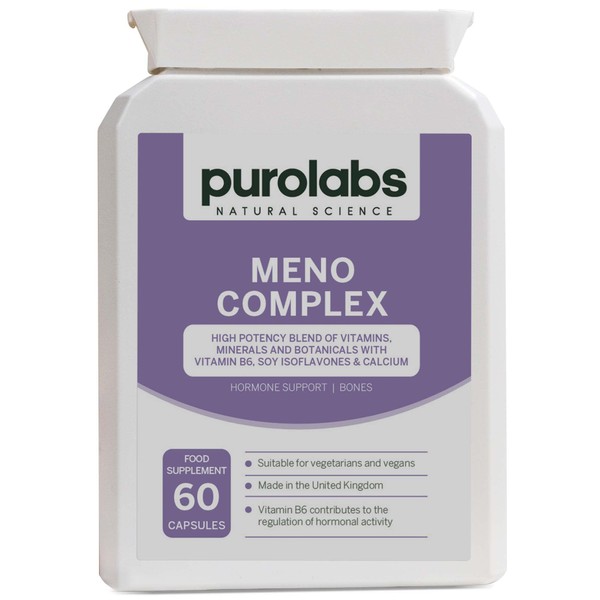 Purolabs Meno Complex with Vitamin B6, Soy Isoflavones, Magnesium, Maca Root & Sage Leaf. Advanced Menopause Supplement for Hot Flashes Relief, Night Sweats and Fatigue - Menopause Vitamins for Women