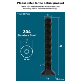Drenky Pack of 25 M6 x 45 mm Countersunk Screws with Hexagon Socket, Black, Stainless Steel, V2A VA A2, Countersunk Screw DIN 7991 / ISO 10642, Fully Threaded Screws, Rustproof Screws, Metric Standard