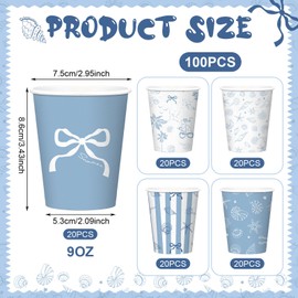 100 Pcs 9 oz Blue Nautical Paper Cups, Starfish Seashell Coastal