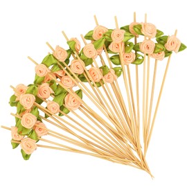 120pcs Pink Rose Flower Cocktail Picks 4.7 Inch, Fancy Toothpicks for Appetizers Handmade Bamboo Appetizer Fruit Skewers Food Picks for Wedding Valentines Holiday Party Food Fruit Decoration (Pink)