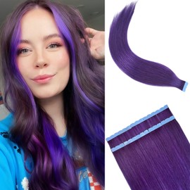 Purple Mini Tape in Hair Extensions Human Hair Invisible Colored Hair Extensions Tape in for Cosplay