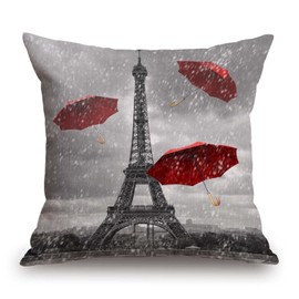 TSSOHU Paris Eiffel Tower Throw Pillow Cover,Raining Red Umbrella European French City Landscape Decorative Couch Sofa Bedroom Burlap Pillow Cases for Men/Women/Girls/Boy/Children Room 18x18 Inch