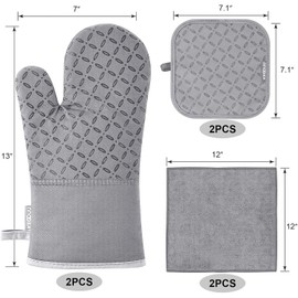KEGOUU Oven Mitts and Pot Holders 6pcs Set, Kitchen Oven Glove High Heat Resistant 500 Degree Extra Long Oven Mitts and Potholder with Non-Slip Silicone Surface for Cooking (Light Gary)