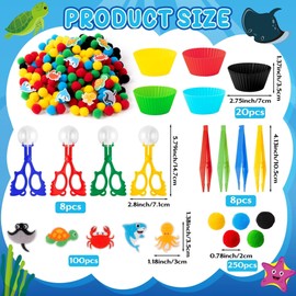 EZdhuawuse Summer Sensory Bin Fillers - 387Pcs Sea Ocean Animal Multi-Pack Fine Motor Toys Math Color Sorting Set for Multiple Kids, Felt Shark Crab Pom Poms Cup Clip for Preschool Education Training