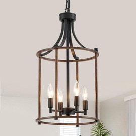 Majhoiw Modern Farmhouse Chandeliers 4 Light 11.8" Lantern Pendant Lighting Fixture Adjustable Height Ceiling Lights Black Wood Grain Finish for Kitchen Foyer Entryway Hallway Dining Room