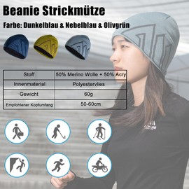 Joscoal Merino Wool Beanie Hat for Men and Women Unisex Warm Knitted Hat Sports Hat Spring Autumn Winter Soft & High Quality, Mist Blue