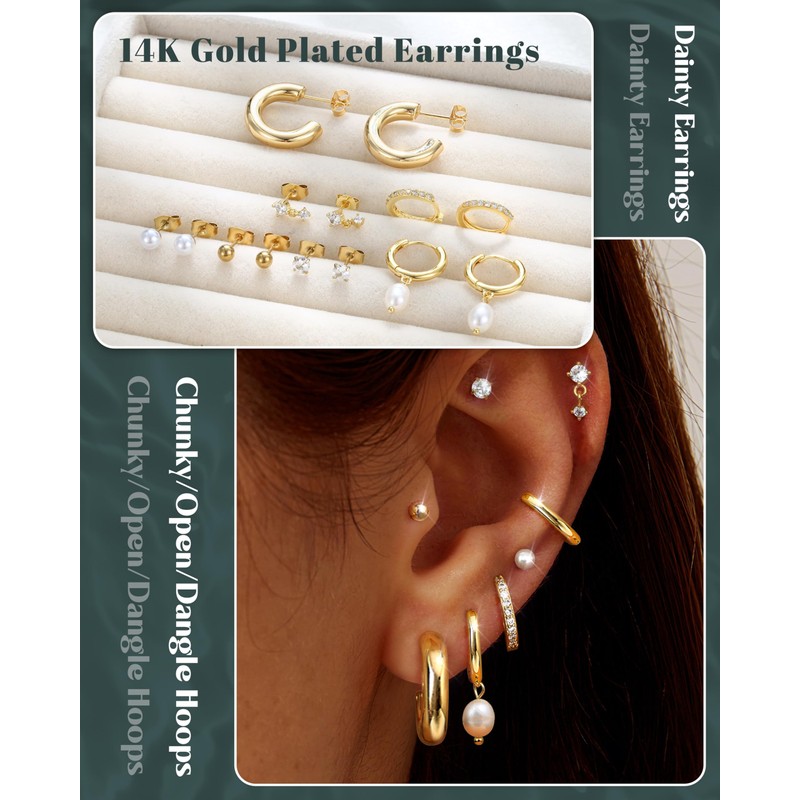 Hypoallergenic Gold Stud Hoop Earrings for Women Lightweight Small 14K