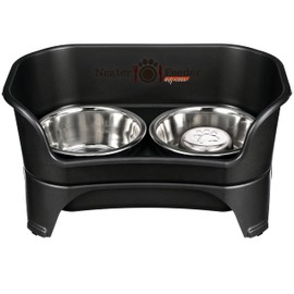 Neater Feeder - Express Model w/Slow Feed Bowl - Mess-Proof Dog Bowls (M/L, Black) Made in USA – Elevated, No Spill, Non-Tip, Non-Slip, Raised Stainless Steel Food/Water Pet Bowls Aid Digestion