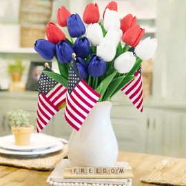 Ruidazon 18 Pcs Real Touch Tulips Artificial Flowers, Patriotic Flower for 4th of of July Decoration Cemetery Flowers for Grave Vase Memorial Day Independence Day Decor