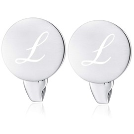 HONEY BEAR Initial Alphabet Letter Cufflinks Round for Mens Wedding Business Gift,Stainless Steel Brushed Silver A-Z (L)