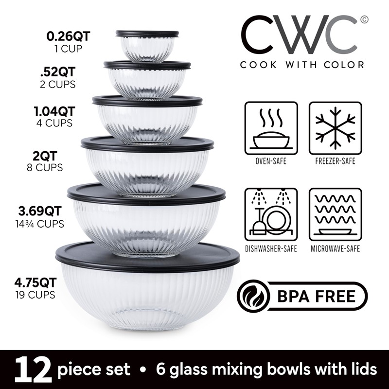 COOK WITH COLOR 12 Pc Glass Mixing Bowl Set with