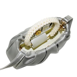 Beatfull Evening Purse Women Small Pearl Handbags Soft Leather Ruched Bag Wedding Bridal Clutch Party Prom Crossbody Purses, Silver