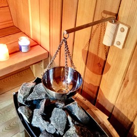 MOUMOUTEN Sauna Aroma Bowl, Stainless Steel Sauna Oil Cup, Sauna Oil Holder, Hanging Sauna Aromatherapy Oil Bowl for Traditional Sauna or Infrared Sauna, SPa Essential Oil Bowl with Wood Plate Screws